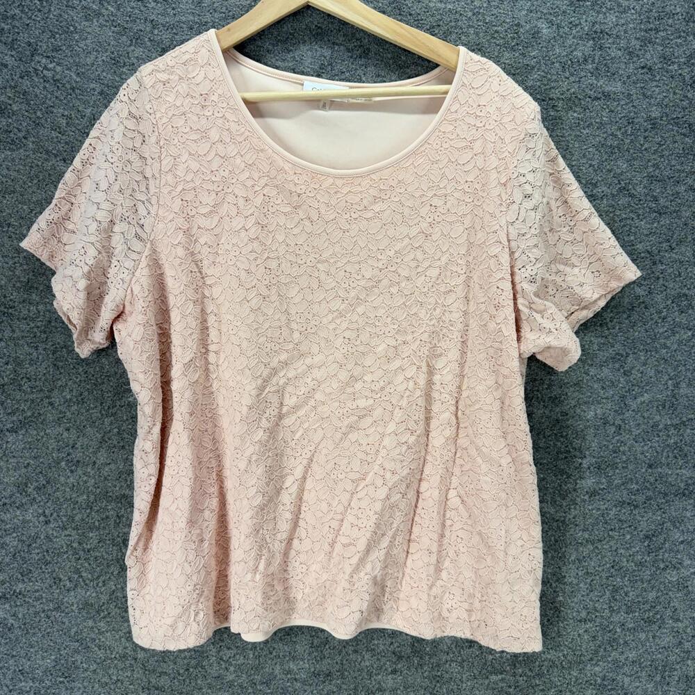Calvin Klein T-Shirt Women 1X Plus Pink Floral Crochet Short Sleeve Lined